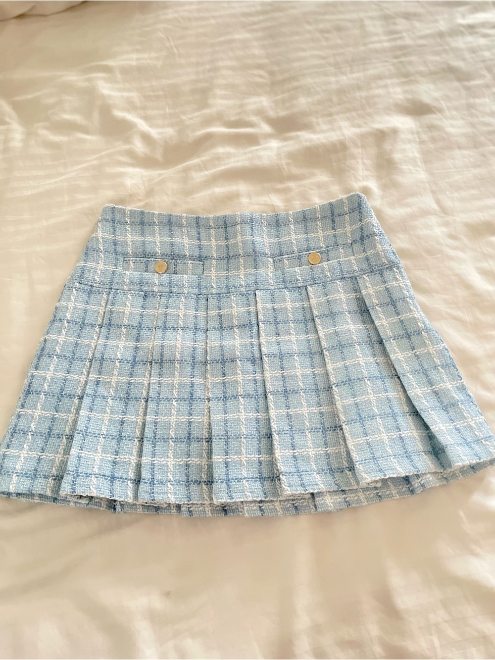 Aqua Light Blue Plaid Pleated Mini Skirt